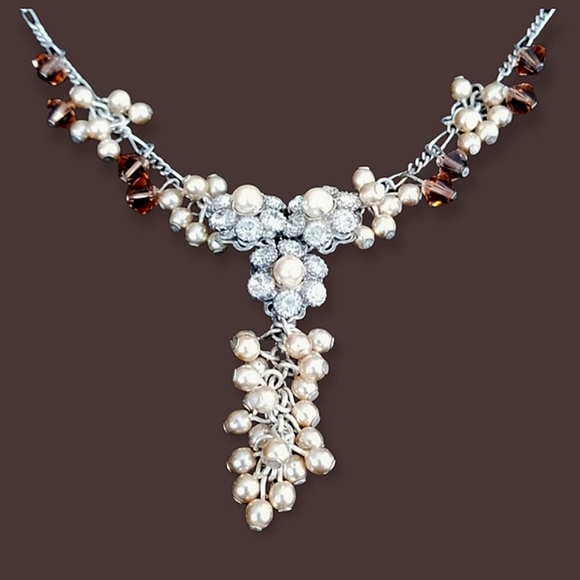 Vintage Jewelry - Vintage 1920s Art Deco Sterling Silver Champagne Pearl Drop Necklace